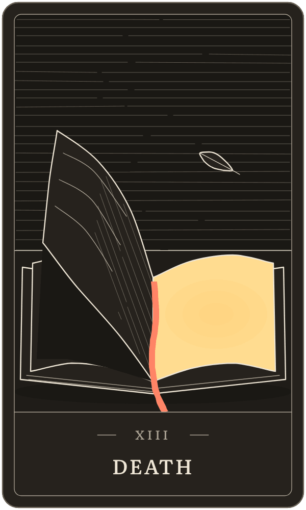 Death in Lanterndeck's house deck: a notebook page mid-turn, lamplight falling on the blank page beneath