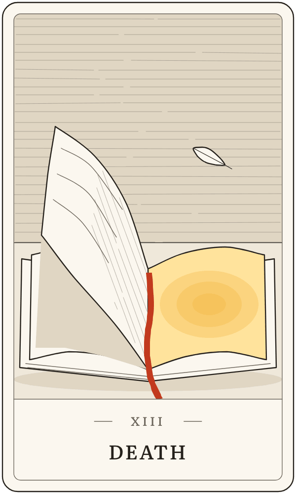 Death in Lanterndeck's house deck: a notebook page mid-turn, lamplight falling on the blank page beneath