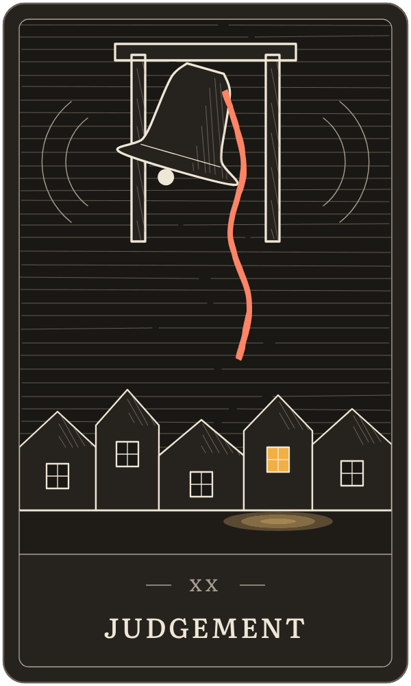 Judgement in Lanterndeck's house deck: a bell swinging over a row of houses as one window lights up