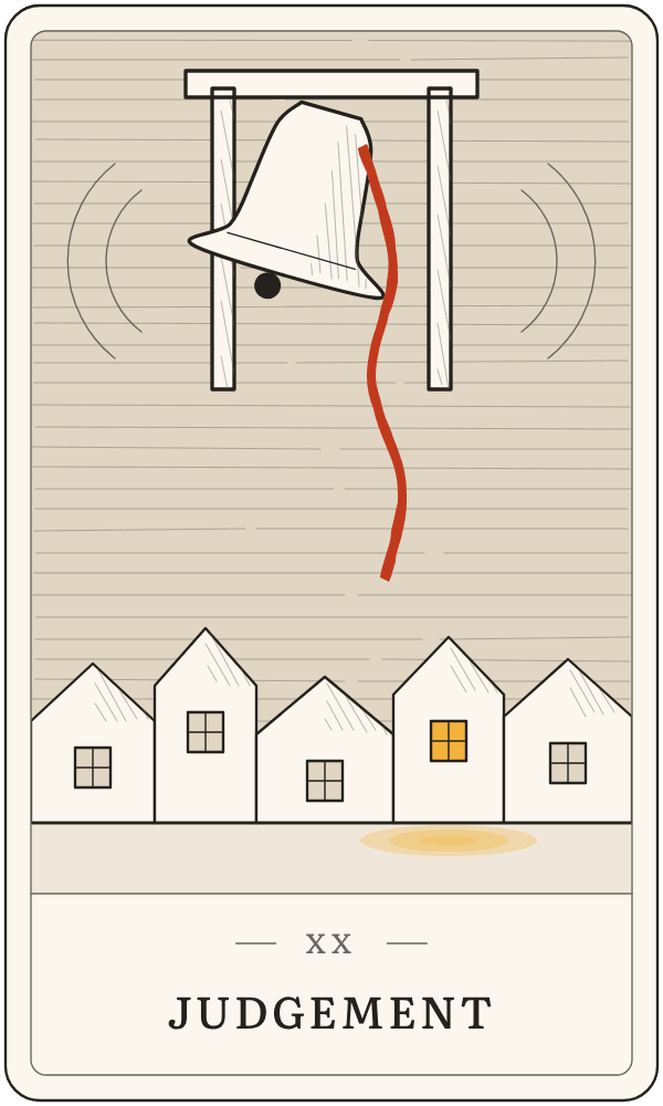 Judgement in Lanterndeck's house deck: a bell swinging over a row of houses as one window lights up