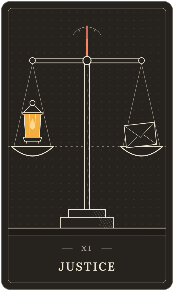 Justice in Lanterndeck's house deck: a balance holding a lit lantern level with a folded letter