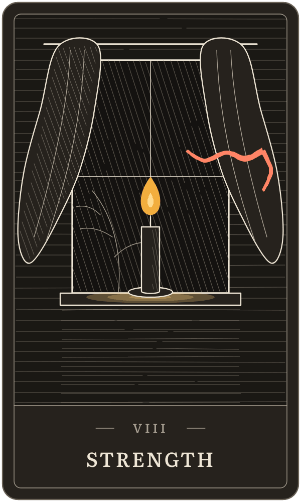 Strength in Lanterndeck's house deck: a hand cupped round a candle flame, shielding it from the wind