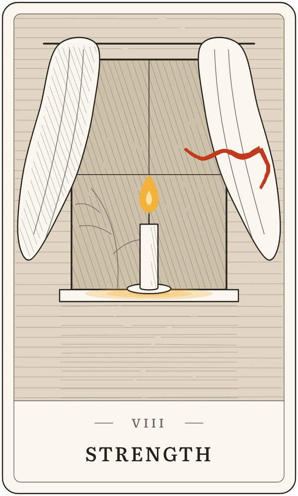 Strength in Lanterndeck's house deck: a hand cupped round a candle flame, shielding it from the wind