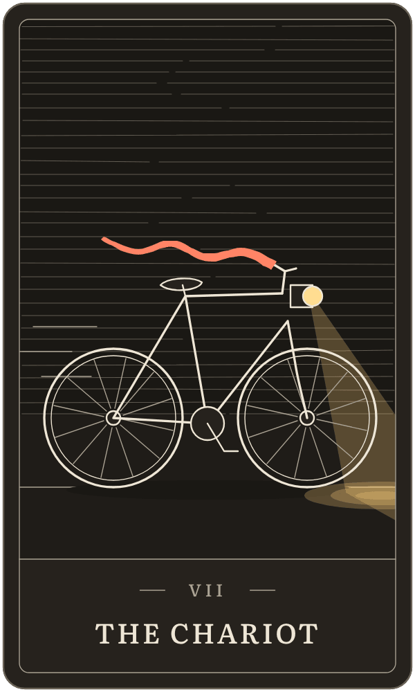 The Chariot in Lanterndeck's house deck: a bicycle in motion with its headlamp lit