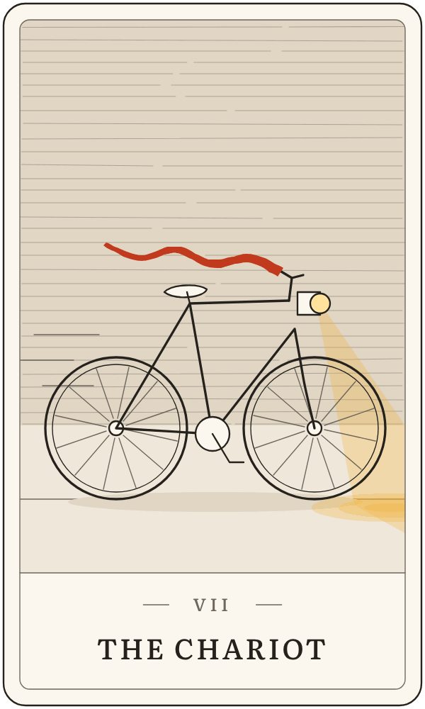The Chariot in Lanterndeck's house deck: a bicycle in motion with its headlamp lit