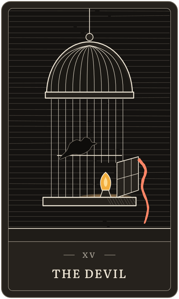The Devil in Lanterndeck's house deck: a birdcage with its door open and a small lamp inside