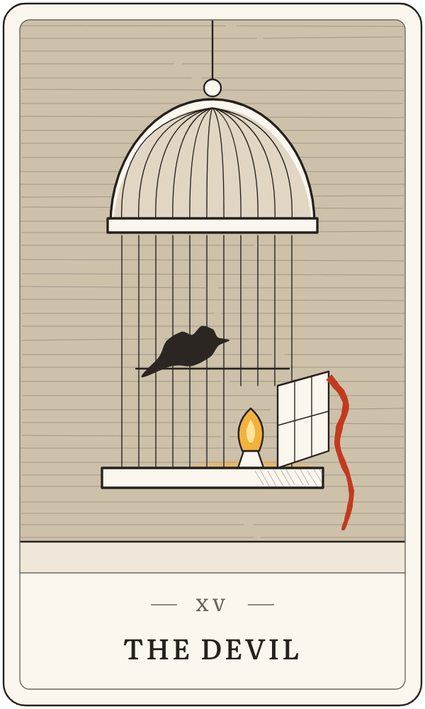 The Devil in Lanterndeck's house deck: a birdcage with its door open and a small lamp inside