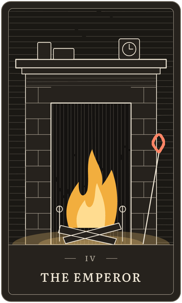 The Emperor in Lanterndeck's house deck: a square stone hearth holding a fire