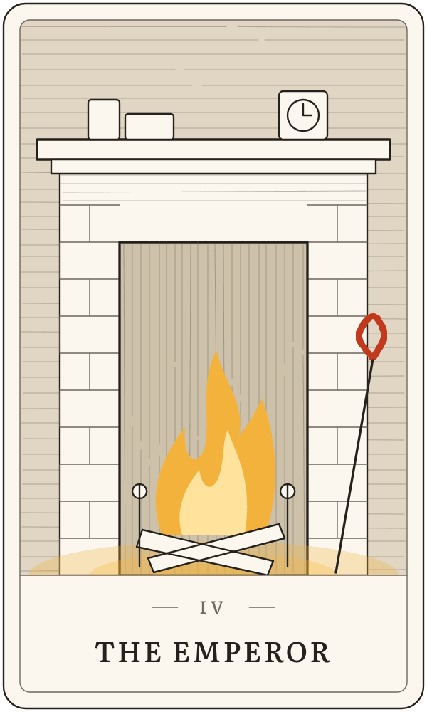 The Emperor in Lanterndeck's house deck: a square stone hearth holding a fire
