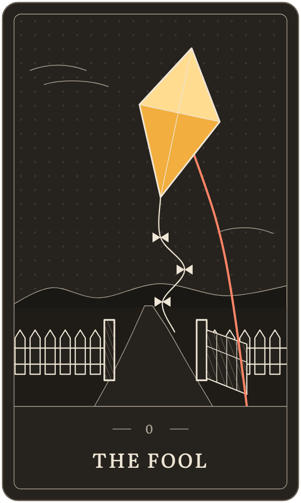 The Fool in Lanterndeck's house deck: a paper kite flying high over an open gate, its pane lit