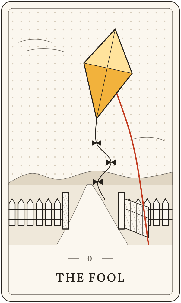 The Fool in Lanterndeck's house deck: a paper kite flying high over an open gate, its pane lit