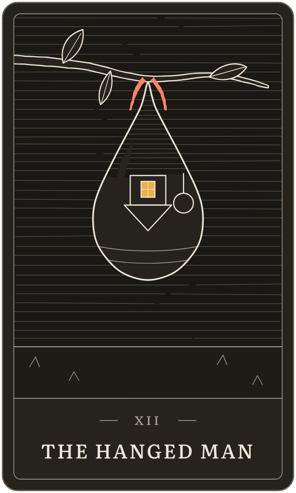 The Hanged Man in Lanterndeck's house deck: a drop of water hanging from a twig, holding an upside-down lit window