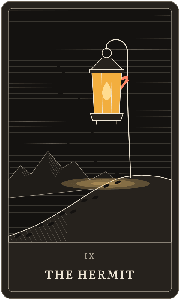 The Hermit in Lanterndeck's house deck: a lantern hung from a staff at the top of a snowy climb