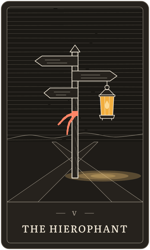 The Hierophant in Lanterndeck's house deck: a waymark post at an old crossing, with a lantern hung on it
