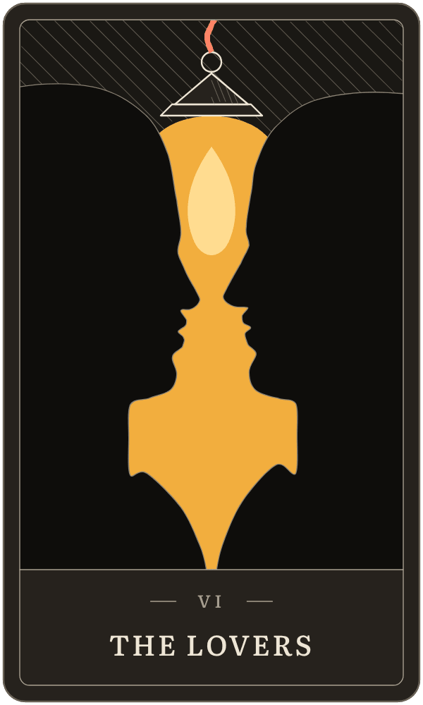 The Lovers in Lanterndeck's house deck: two profiles facing each other, with a lit lantern in the space between them