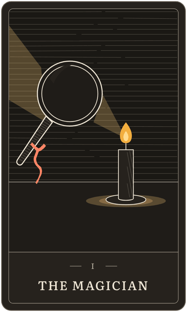 The Magician in Lanterndeck's house deck: a hand lens focusing lamplight into one bright point that lights a wick
