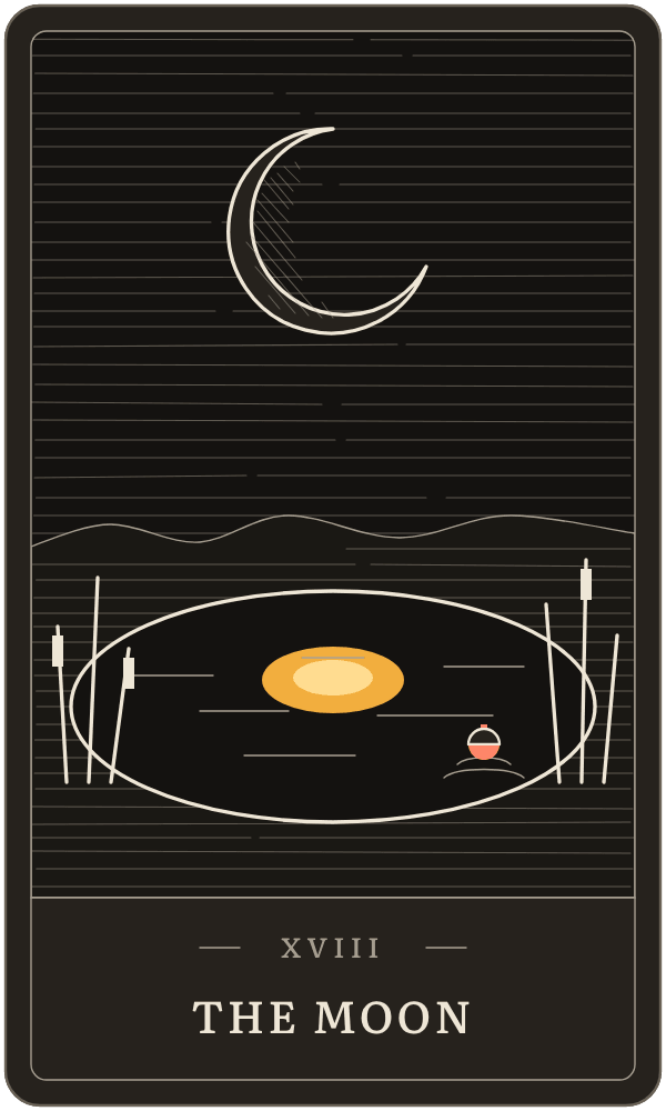 The Moon in Lanterndeck's house deck: a thin crescent moon above a pond that reflects a full moon