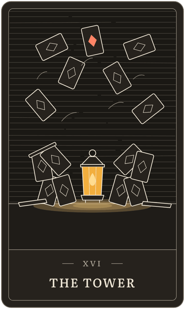 The Tower in Lanterndeck's house deck: a house of cards falling, the lamp it hid now in plain view