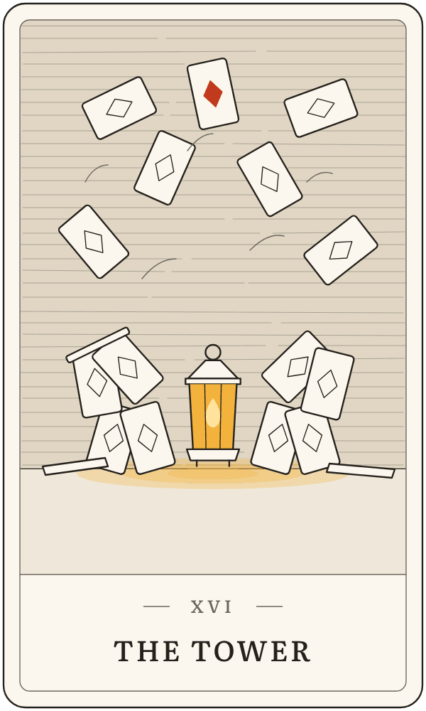 The Tower in Lanterndeck's house deck: a house of cards falling, the lamp it hid now in plain view